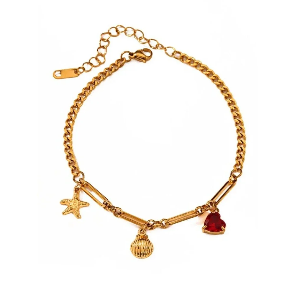 Gold Anklet Zircon Heart Starfish & Shell Charm Beach Jewelry -  Stainless Steel